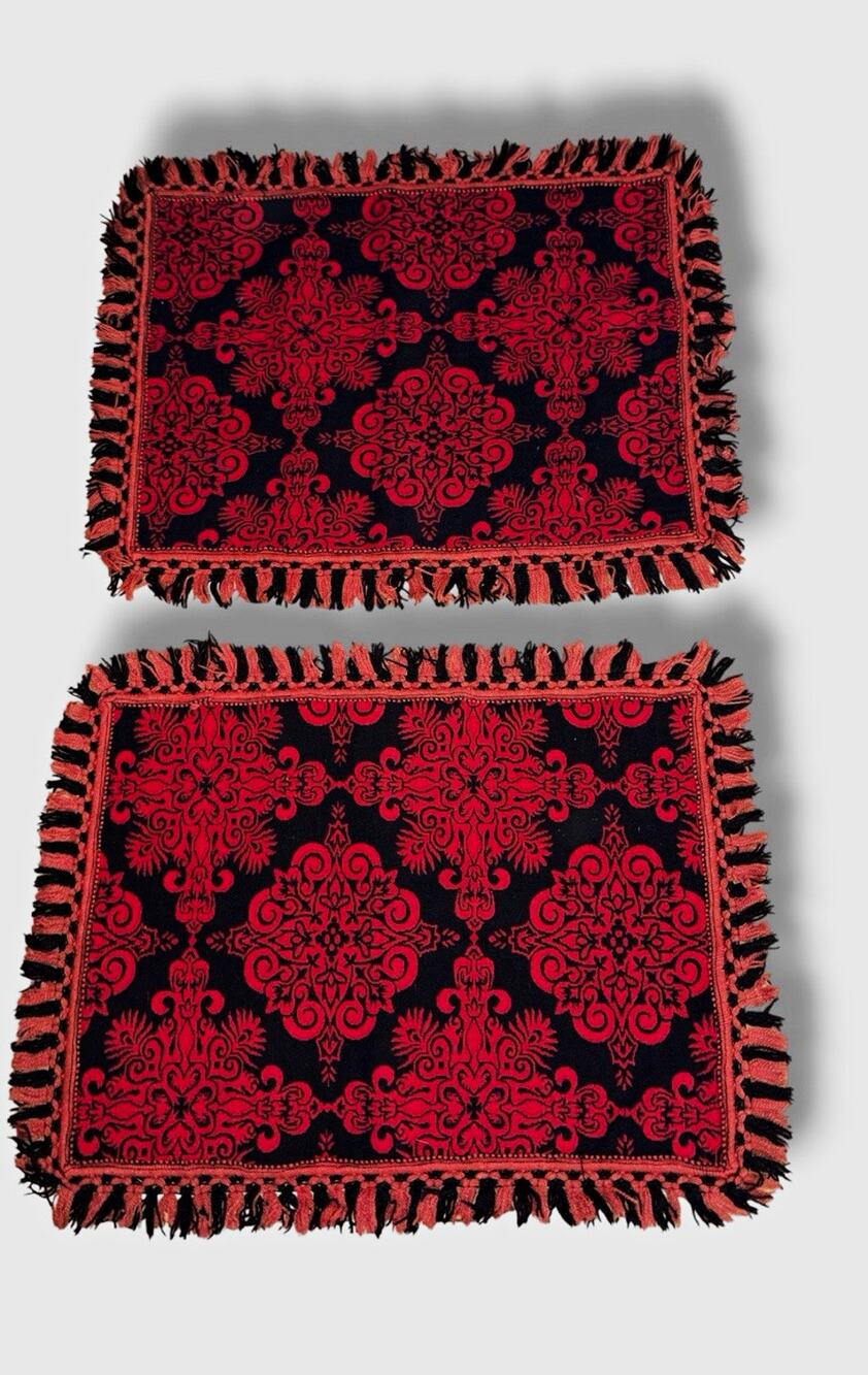 Vintage Red Black Damask Tapestry Pillow Shams Fringe Set of 2 Gothic Boho
